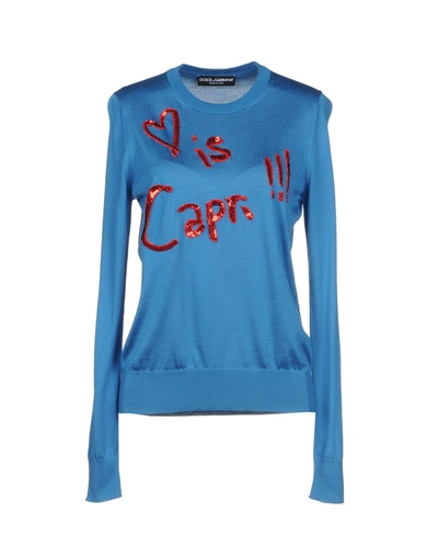 Shop Dolce & Gabbana Woman Sweater Azure Size 4 Silk, Polyester, Glass In Blue