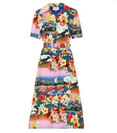 Shop Gucci Printed Linen Dress In Multicoloured