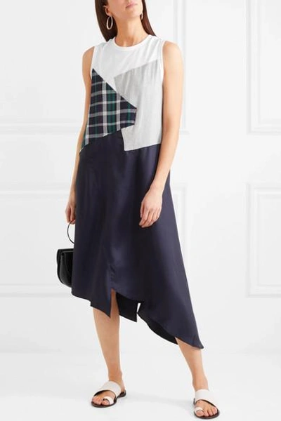 Shop Clu Asymmetric Paneled Checked Cotton And Satin Dress In White
