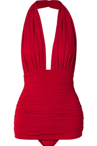 Shop Norma Kamali Bill Ruched Halterneck Swimsuit In Red