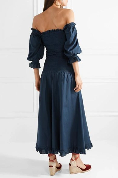 Shop Rhode Eva Off-the-shoulder Shirred Cotton-poplin Maxi Dress