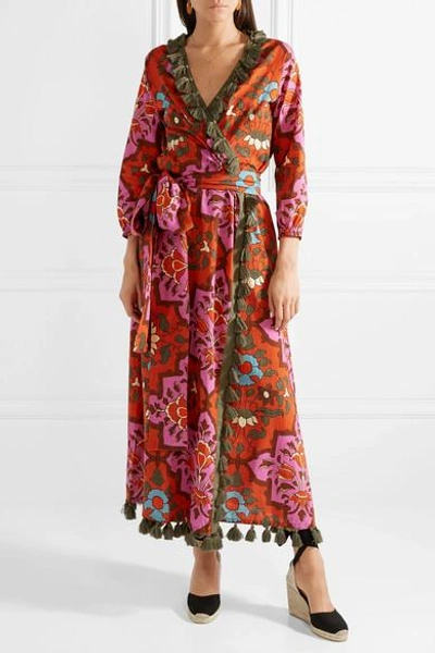 Shop Rhode Lena Tasseled Printed Cotton-voile Maxi Dress In Red