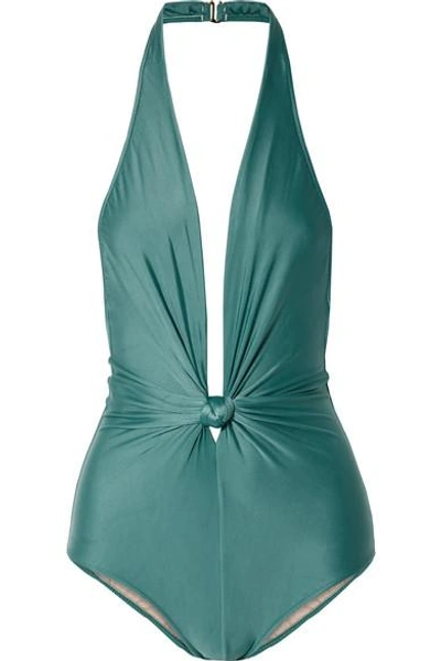 Shop Adriana Degreas Knotted Halterneck Swimsuit In Turquoise