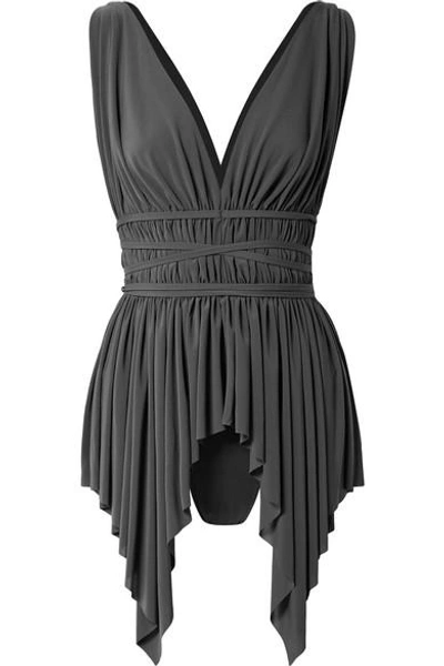 Shop Norma Kamali Goddess Belted Asymmetric Swimsuit In Charcoal