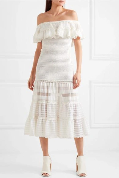 Shop Jonathan Simkhai Off-the-shoulder Ruffled Stretch-lace Midi Dress In Ivory