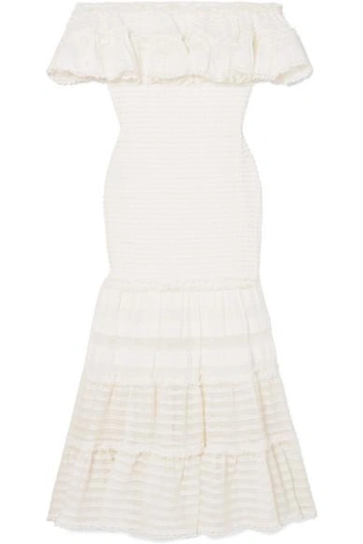 Shop Jonathan Simkhai Off-the-shoulder Ruffled Stretch-lace Midi Dress In Ivory