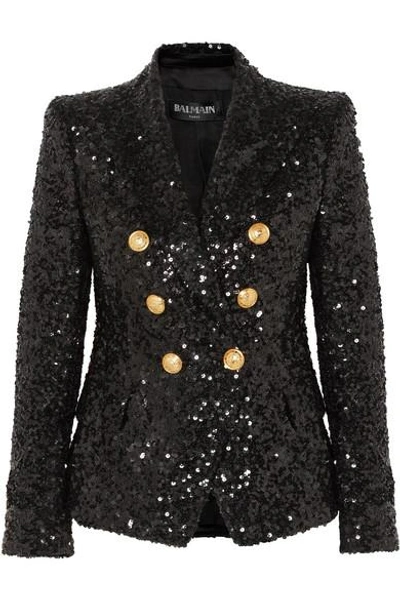 Shop Balmain Double-breasted Sequinned Chiffon Blazer In Black