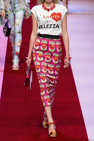 Shop Dolce & Gabbana Printed Stretch-silk Charmeuse Midi Skirt In Pink