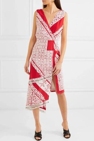 Shop Altuzarra Pavilion Embellished Wrap-effect Printed Silk Midi Dress In Red