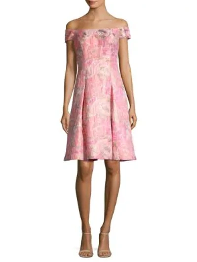 Shop Aidan Mattox Off-the-shoulder Floral Jacquard Dress In Pink Multi