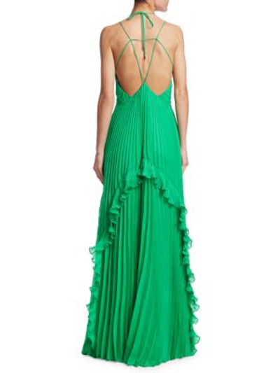 Shop Halston Heritage Halter V-neck Pleated Gown In Jade