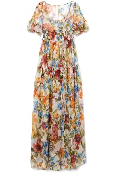 Shop Dolce & Gabbana Shirred Floral-print Silk-chiffon Gown In Orange
