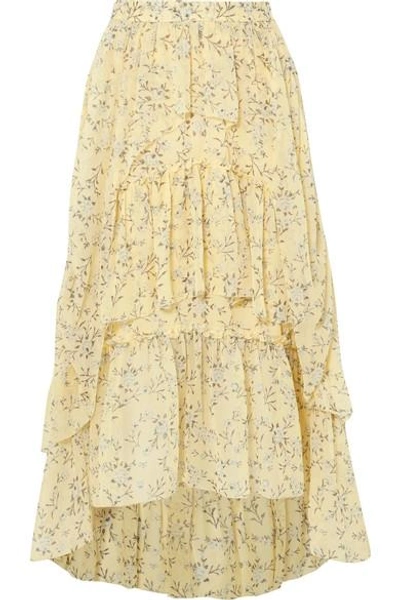 Shop Ulla Johnson Marilyn Asymmetric Ruffled Floral-print Silk-georgette Skirt In Yellow
