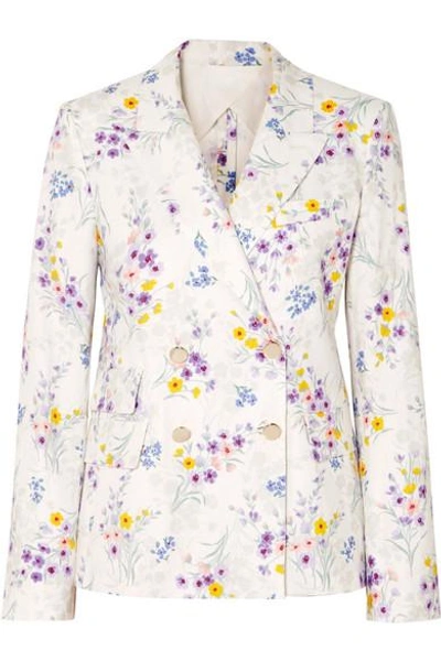 Shop Max Mara Double-breasted Floral-print Linen Blazer In White