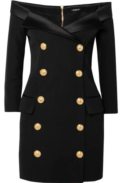 Shop Balmain Off-the-shoulder Double-breasted Wool Mini Dress