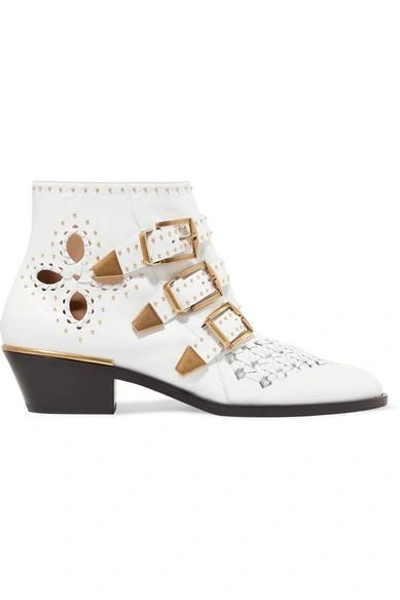 Shop Chloé Susanna Cutout Studded Leather Ankle Boots In White