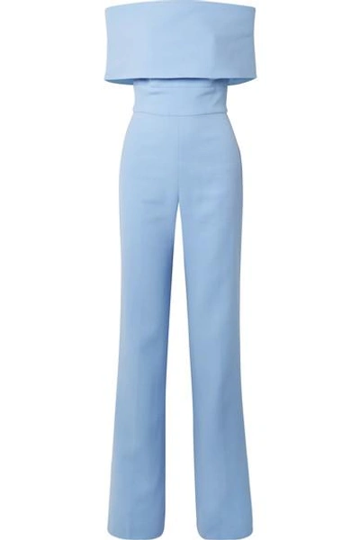 Shop Lela Rose Off-the-shoulder Wool-blend Crepe Jumpsuit In Sky Blue