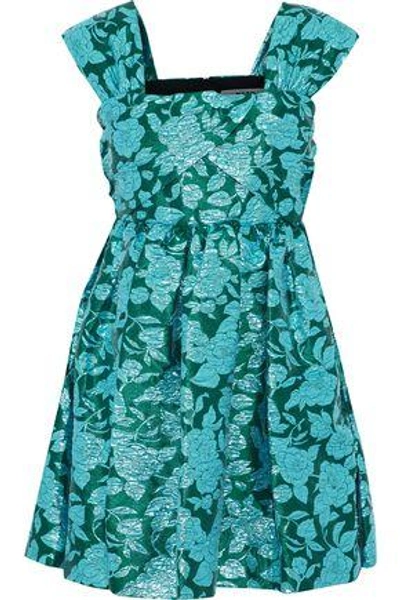 Shop Msgm Woman Pleated Brocade Mini Dress Turquoise