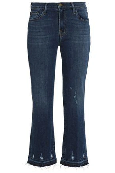 Shop J Brand Woman Distressed Mid-rise Kick-flare Jeans Mid Denim