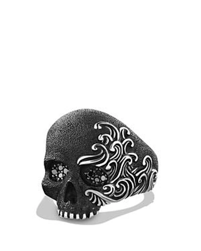 Shop David Yurman Waves Skull Ring With Black Diamonds In Black/silver