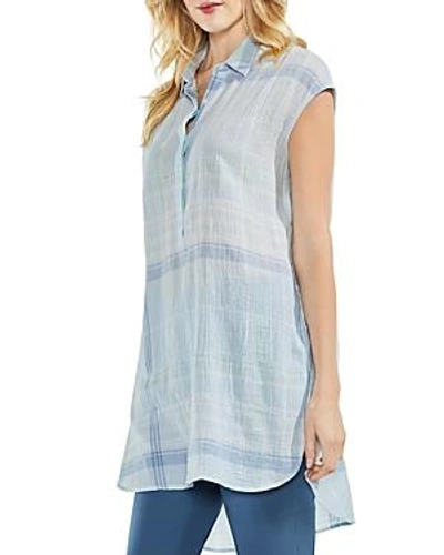 Shop Vince Camuto Crinkled Plaid Tunic Top In Chalk Blue