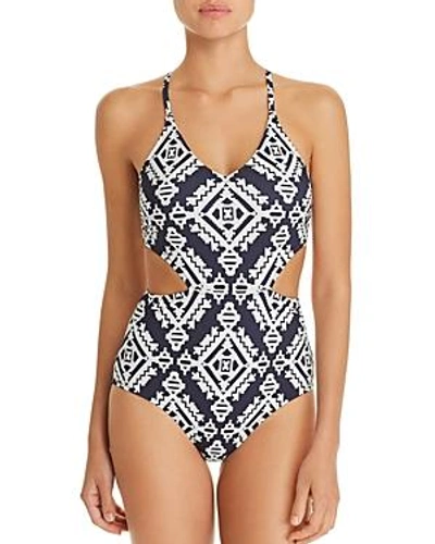 Shop Tory Burch Tapestry Geometric One Piece Swimsuit In Tory Navy