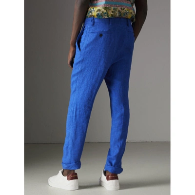 Shop Burberry Soho Fit Linen Trousers In Violet Blue