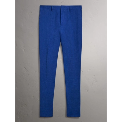 Shop Burberry Soho Fit Linen Trousers In Violet Blue