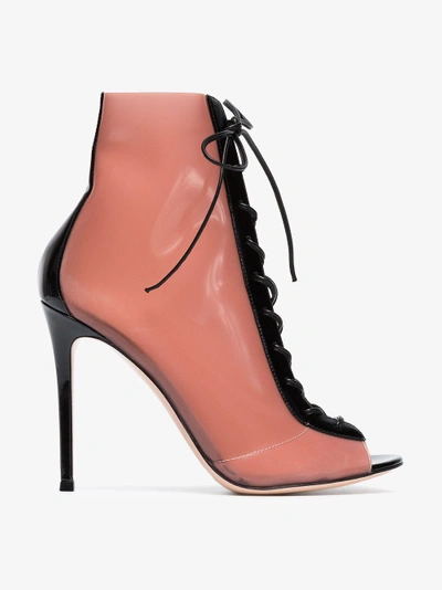Shop Gianvito Rossi Black And Blush Ree 105 Patent Leather And Latex Lace-up Boots In Nude&neutrals