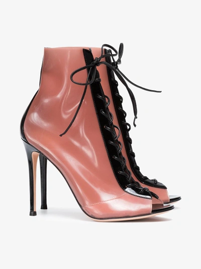 Shop Gianvito Rossi Black And Blush Ree 105 Patent Leather And Latex Lace-up Boots In Nude&neutrals