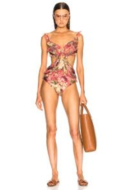 Shop Zimmermann Melody Frill Off Shoulder Swimsuit In Floral,neutrals,pink