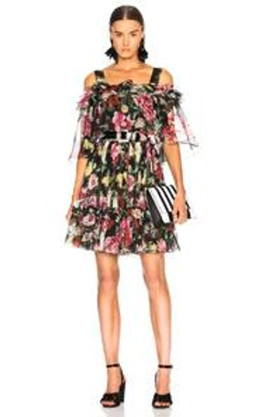 Shop Dolce & Gabbana Silk Chiffon Floral Cold Shoulder Mini Dress In Black,floral
