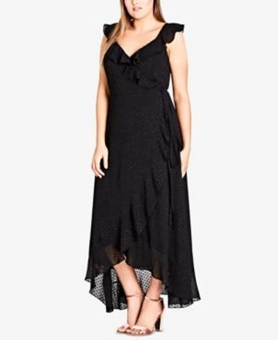Shop City Chic Trendy Plus Size Ruffled Wrap Dress In Black