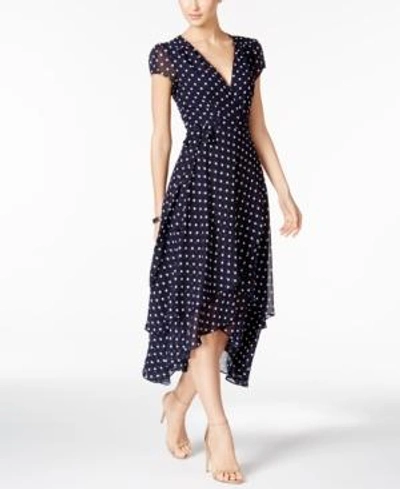 Shop Betsey Johnson Polka Dot Faux-wrap Midi Dress In Navy/ivory