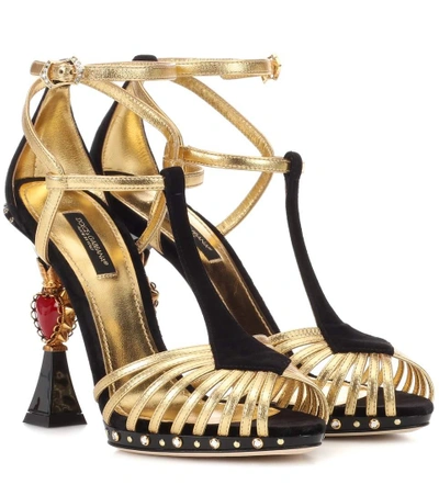 Shop Dolce & Gabbana Embellished Metallic Leather Sandals In Gold