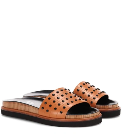 Shop Tod's Studded Leather Slides In Brown