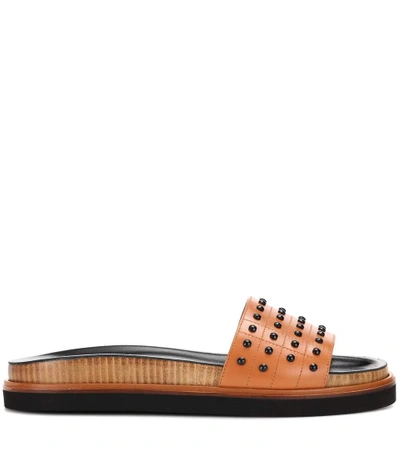 Shop Tod's Studded Leather Slides In Brown