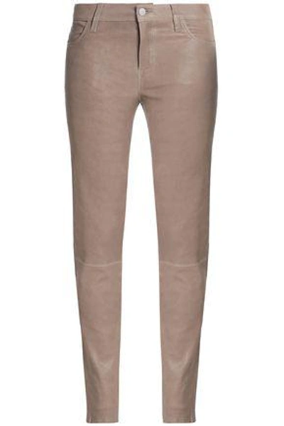 Shop J Brand Maude Leather Slim-leg Pants In Taupe