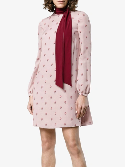 Shop Valentino Silk Rose Print Pussy Bow Dress In Rosa