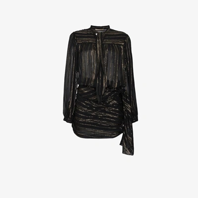 Shop Saint Laurent Bow Detail Metallic Wrap Silk Mini Dress In Black