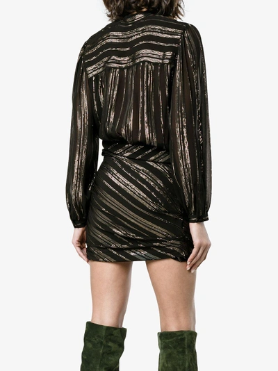Shop Saint Laurent Bow Detail Metallic Wrap Silk Mini Dress In Black