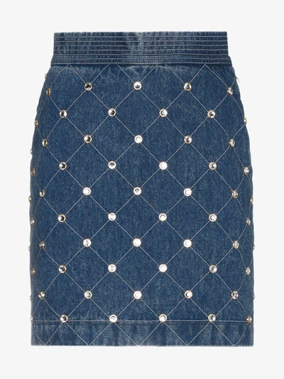 Shop Gucci Crystal Embellished Denim Mini Skirt In Blue