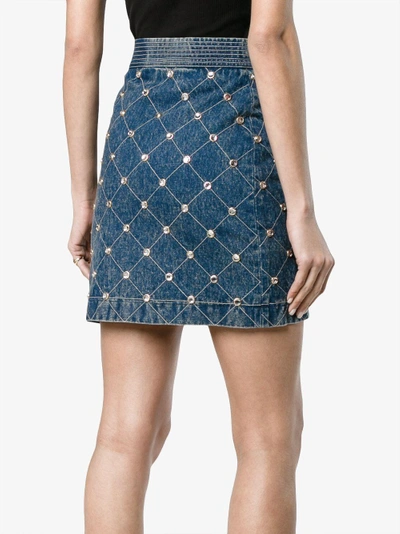 Shop Gucci Crystal Embellished Denim Mini Skirt In Blue