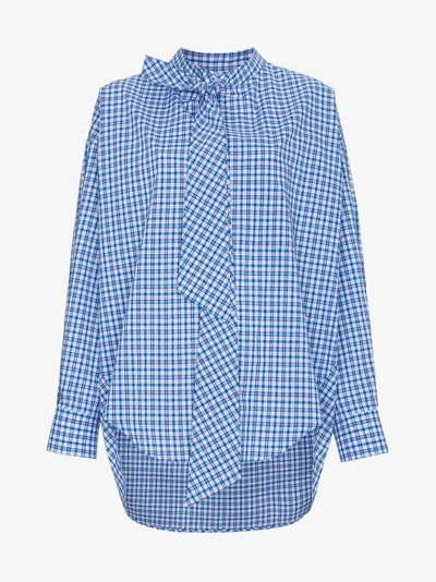 Shop Balenciaga Oversized Logo Print Check Cotton Shirt In Blue