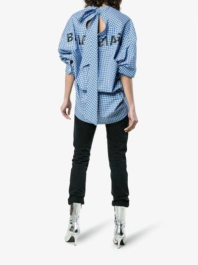 Shop Balenciaga Oversized Logo Print Check Cotton Shirt In Blue