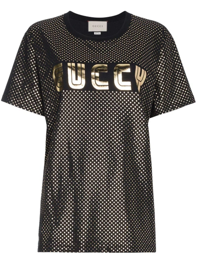 Shop Gucci Gold Metallic Logo T