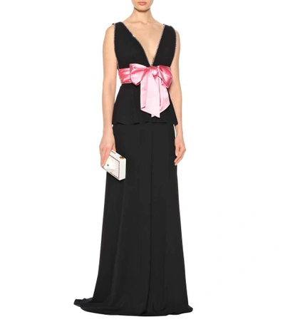 Shop Gucci Embellished Bow Peplum Gown In Black