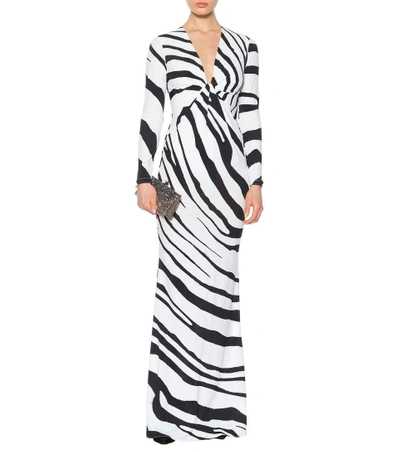 Shop Roberto Cavalli Zebra-printed Stretch Jersey Gown In Multicoloured