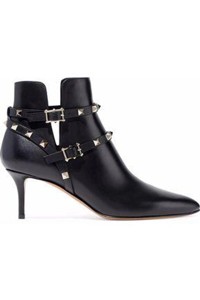 Shop Valentino Woman Rockstud Leather Ankle Boots Black
