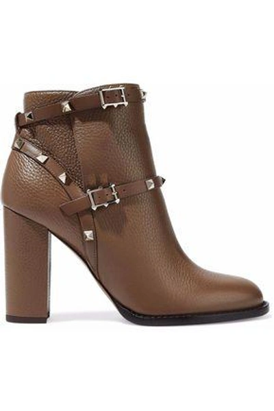 Shop Valentino Woman Rockstud Pebbled-leather Ankle Boots Light Brown